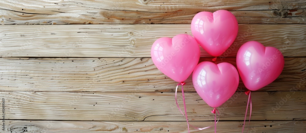 Poster heart shaped pink balloons on a wooden surface for display featuring copy space image