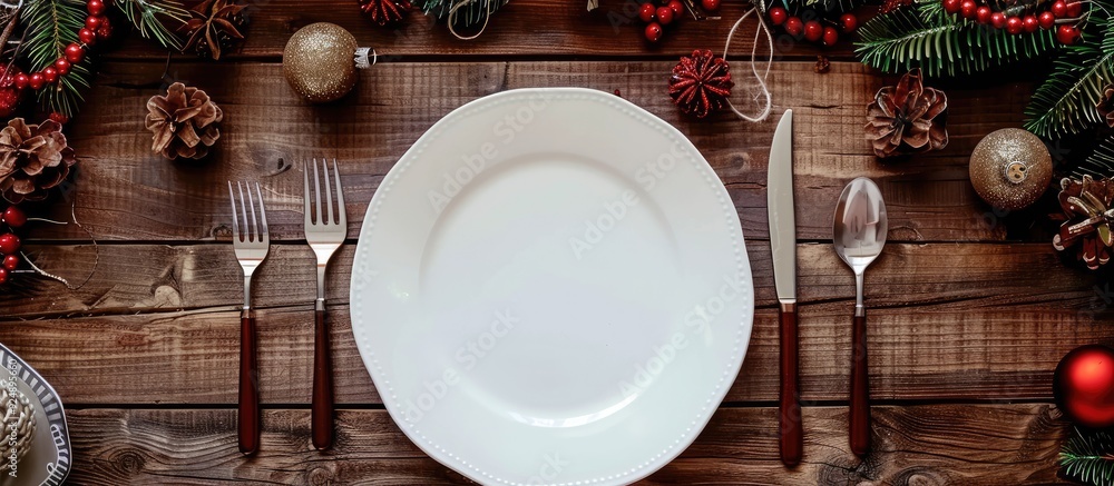 Aufkleber festive table setting for christmas and new year holiday concept on a wooden background with an empt