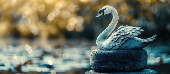 A white swan sculpture creatively crafted from a repurposed tire set against a blurred background with a focused area ideal for text placement in the image. Creative banner. Copyspace image