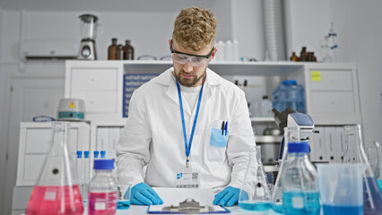 A handsome young man with blue eyes and a beard works attentively in a laboratory setting surrounded by chemical equipment.