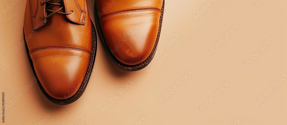 Poster stylish leather shoes on a light brown backdrop with copy space image for text