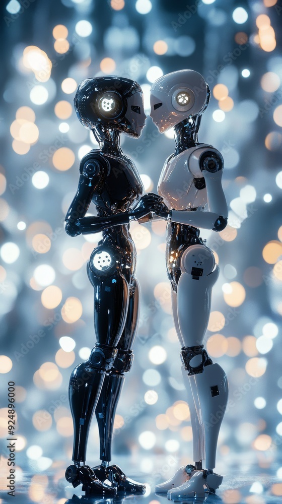 Poster two robots holding hands looking at each other on blurry background
