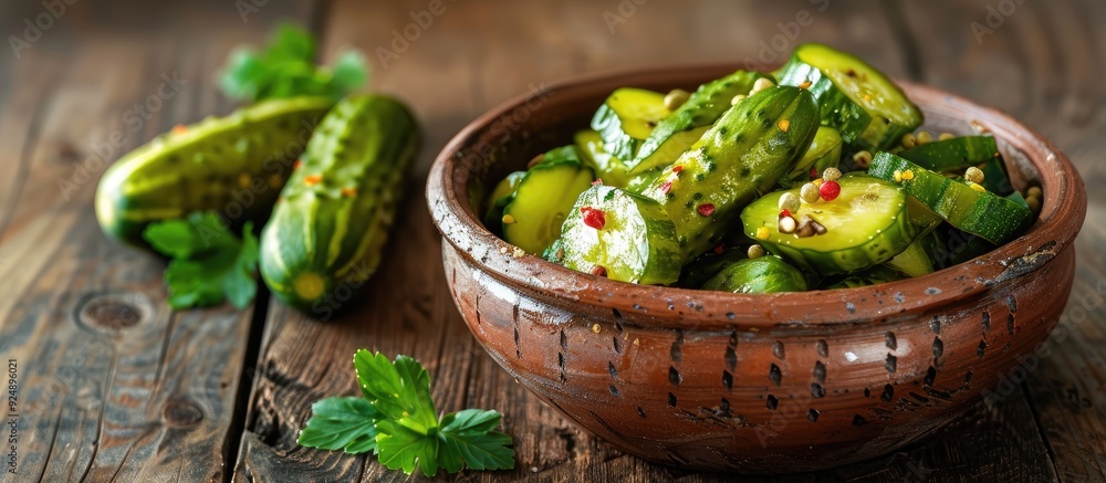 Poster traditional homemade fermented marinated pickled cucumbers with spices and herbs served in a clay bo