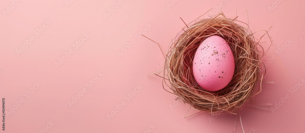 Fototapete Easter egg nestled in a nest on a pink background with room for text creating an Easter themed postcard with a copy space image
