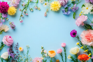 Colorful flowers frame a pastel blue background, perfect for springtime greeting cards.