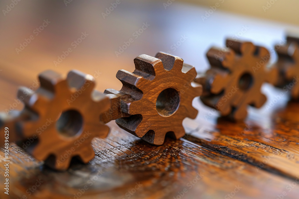 Poster three wooden gears placed in a row on a wooden surface representing teamwork mechanics and collabora