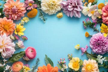 Colorful flowers frame a pastel blue background, perfect for springtime greeting cards.