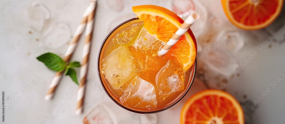 Poster overhead view of a summer cocktail with a kraft paper straw on a light background perfect for adding