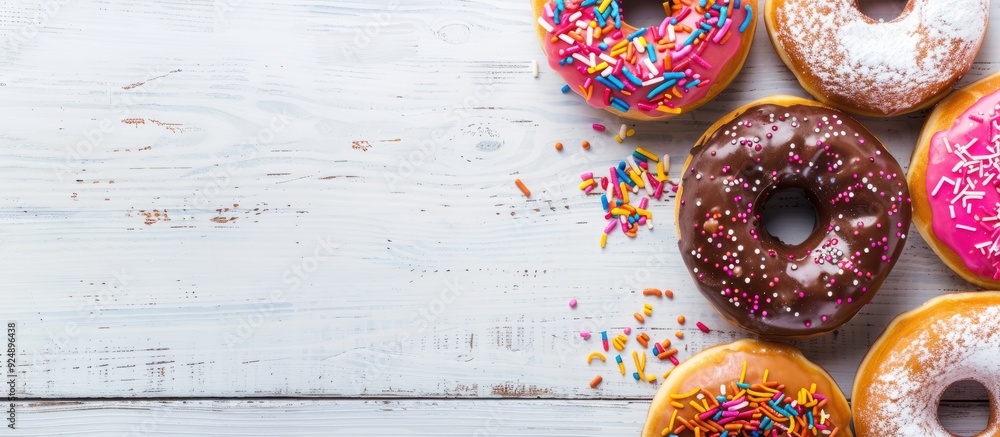 Leinwandbilder a variety of vibrant donuts displayed on a white wooden surface with icing and sprinkles some froste