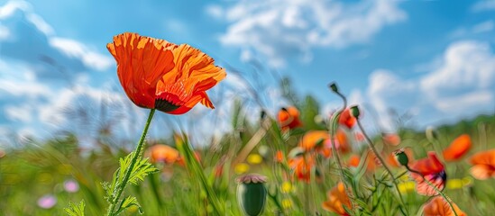Obraz premium Vibrant papaver flower in a scenic field setting with copy space image