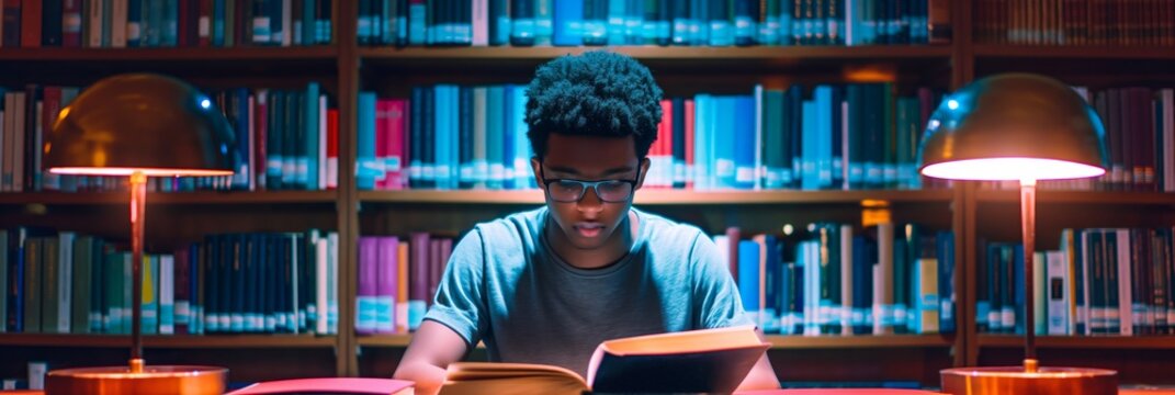 A person studies intently in a library filled with colorful books, showcasing concentration and the importance of knowledge and academia.