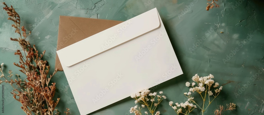 Aufkleber mockup featuring a white card a craft envelope and a dry flowering plant on a green surface viewed f