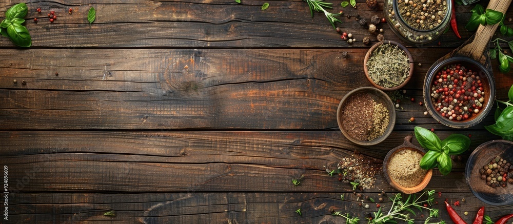 Poster top view of wooden table with assorted spices and herbs providing a copy space image