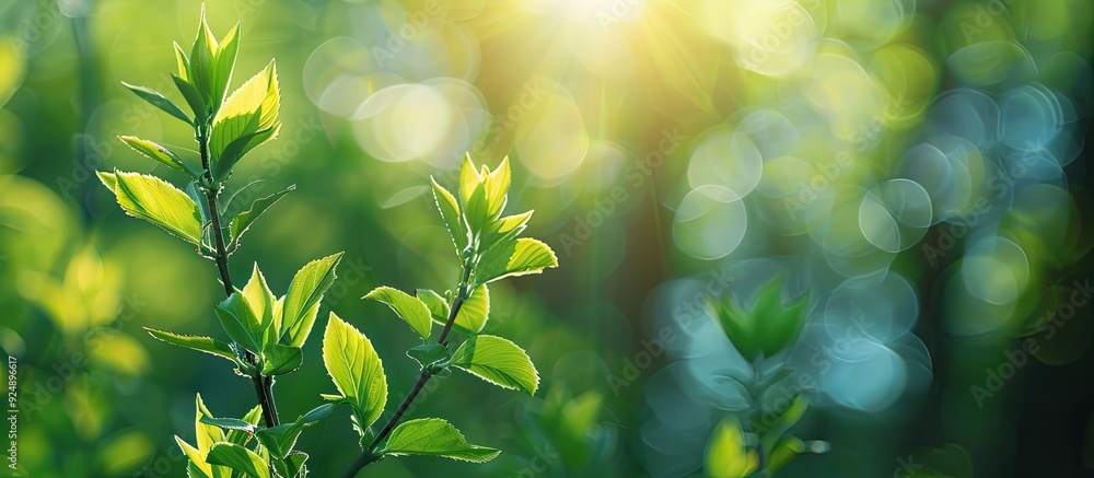 Aufkleber fresh green leaves budding in the woodland during spring with copy space image