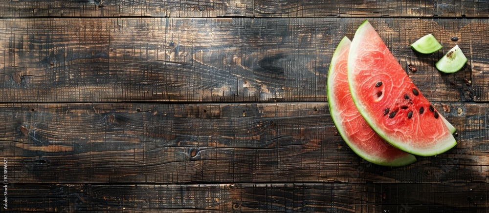 Aufkleber Top view of a sliced watermelon on a rustic wooden surface with available space for text embodying a summery theme in the image. Creative banner. Copyspace image