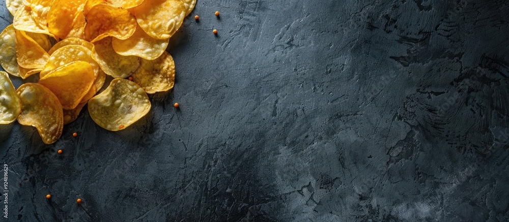 Poster potato chips are displayed on a dark table with a blank space for text or images. creative banner. c
