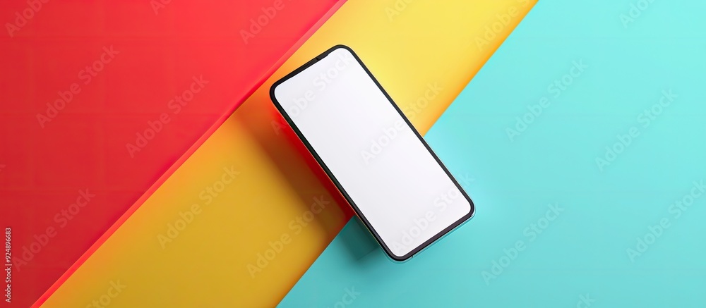 Poster Minimalistic mobile phone floating with blank screen on a colorful background perfect for a technology themed ad banner featuring primary colors and ample copy space image