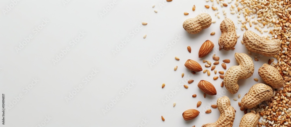 Poster sesame seeds and peanuts arranged on a plain white backdrop with copy space image