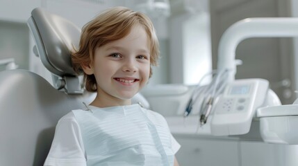 Cute smiling child sitting in dentist chair in ultra-modern bright white clinic. Children's dentistry, dental care and health, hygiene, medicine. 3d illustration