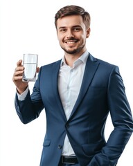 Stylish portrait of a smiling businessman with a glass of water, isolated on a transparent background.