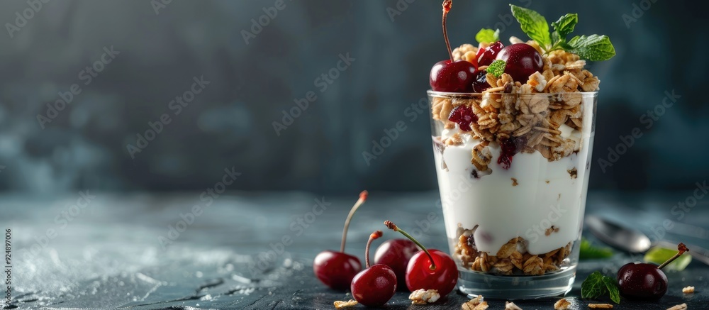 Aufkleber glass filled with yogurt granola nuts cherries a light and healthy breakfast in a transparent glass 