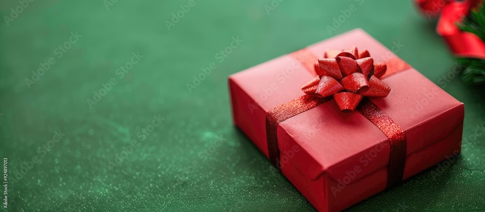 Poster Red gift box on a green backdrop with copy space image