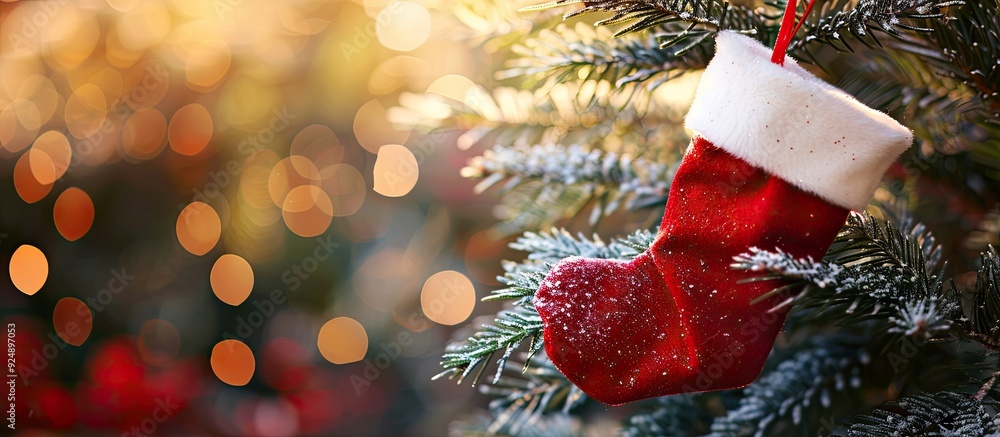 Fototapete stocking hung on a fir tree with copy space image