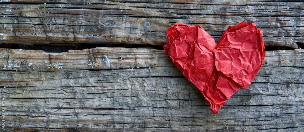 Poster Paper heart in red color on a rustic wooden backdrop ideal for adding text or graphics with space for copy in the image