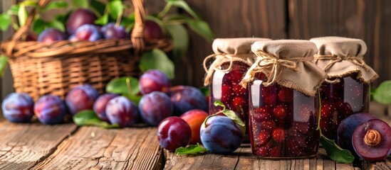 Plum jam jars displayed on a wooden table with plums in a basket nearby creating a cozy setting for the copy space image