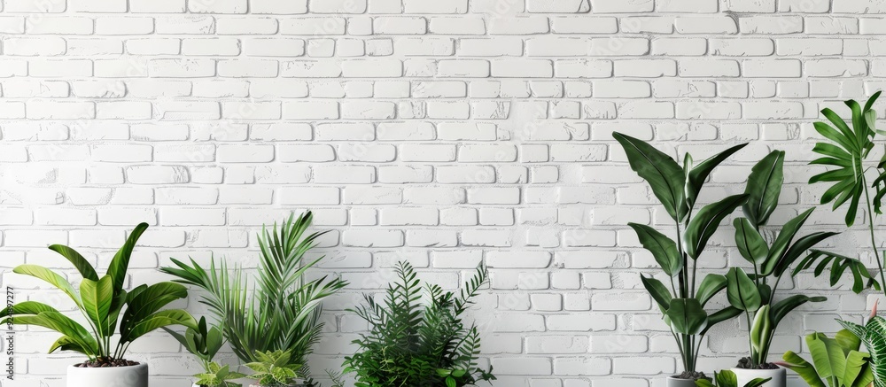 Leinwandbilder Plants placed in front of a white brick wall create a serene backdrop for text with ample copy space image