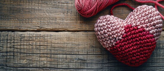 Vertical Valentine s Day themed image with a crocheted pink and red heart amigurumi displayed on a wooden background next to a skein of yarn all set against a copy space