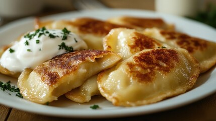 Traditional Polish pierogi dumplings filled with potatoes and cheese, served with sour cream