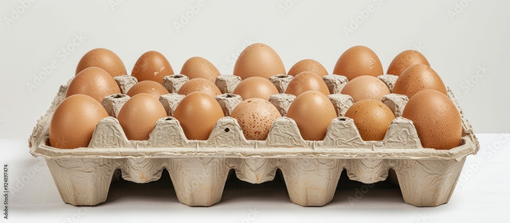 Poster an open carton with twelve eggs removed set against a white backdrop for a copy space image