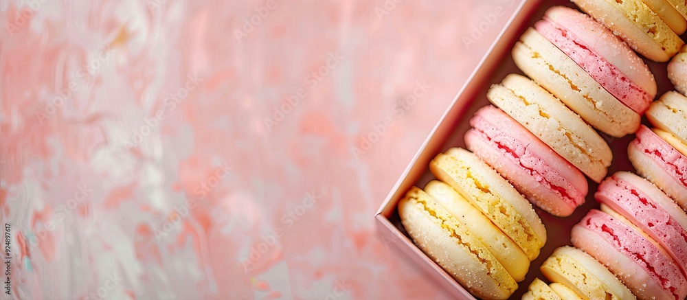 Aufkleber a row of pastel pink and yellow almond cookies in a gift box captured in a close up top view on a br