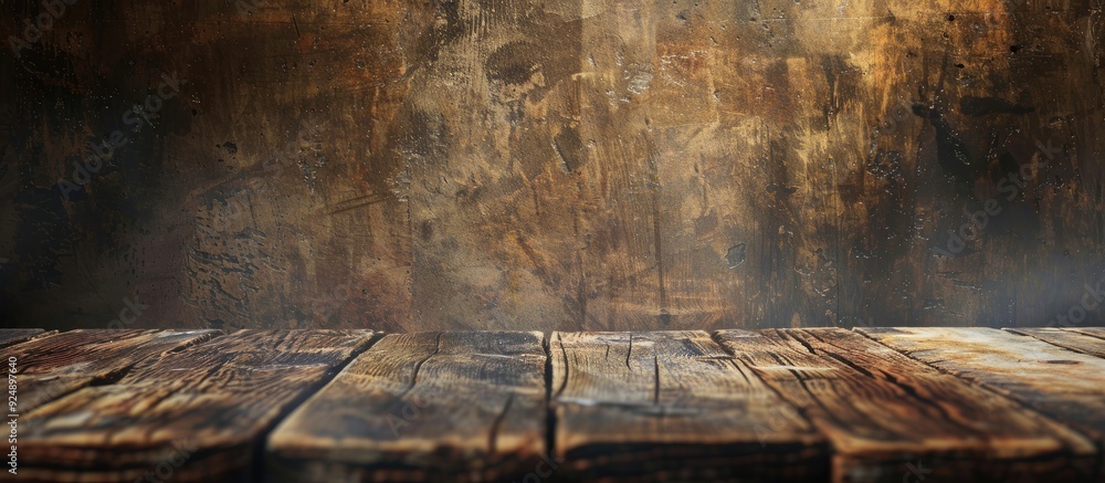 Aufkleber Weathered scratched and dirty an old brown wooden table and wall create a rustic timber background panorama banner with ample copy space image