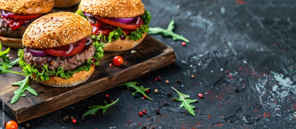 Poster pork burger displayed on a cutting board with copy space image