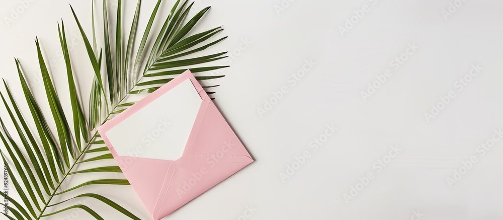 Poster minimal flat lay composition featuring a pink envelope a blank white card and a palm leaf on a white