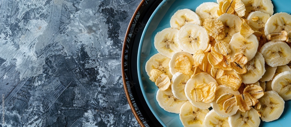 Sticker Sliced banana and corn flake on plate with copy space image