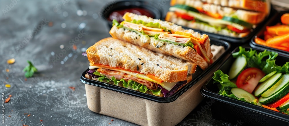 Poster selective focus on sandwiches in a lunchbox on a table with a copy space image available