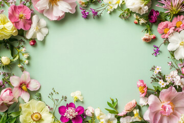A frame of vibrant flowers on a pastel green background, ideal for holiday greeting cards.