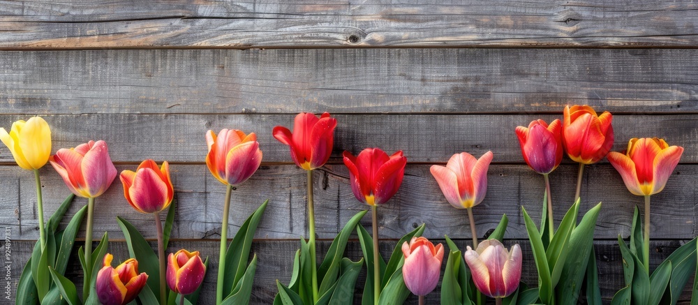 Poster tulips bloom in spring on a wooden backdrop representing gardening ideas with copy space image