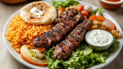 Turkish kebab platter with grilled lamb, rice, and fresh salad, served with pita bread and yogurt sauce.