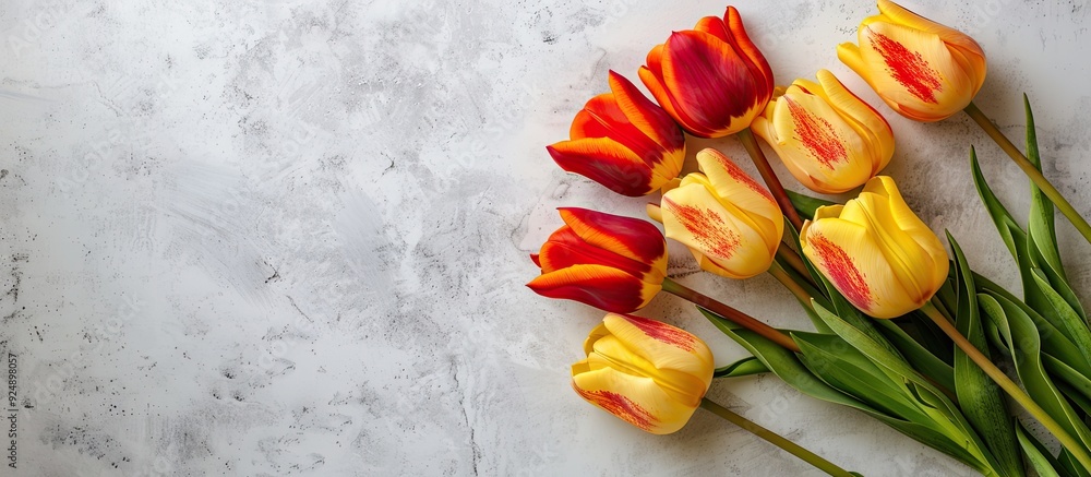 Poster Red and yellow tulip bouquet on a white table top view suitable for mock up designs with copy space image