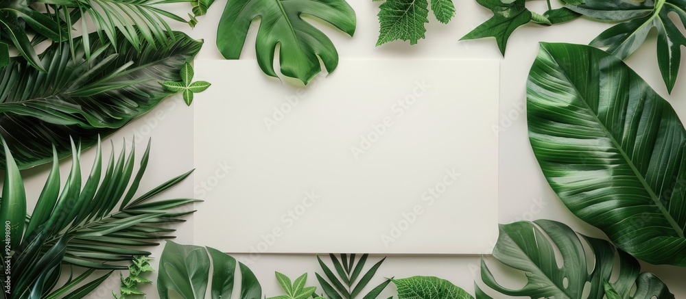 Poster minimal flat lay design featuring tropical leaves surrounding a blank white paper frame conveying an