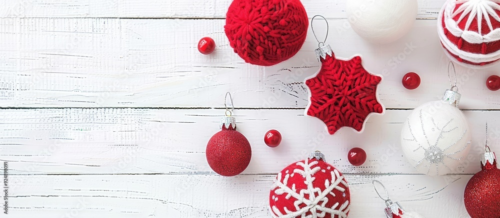 Aufkleber red felt christmas ornaments displayed on a white wooden table with copy space image