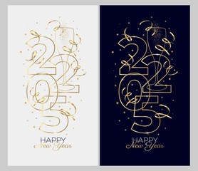 New Year banner or card design with line drawing of sparkling wine glass and number 2025. Minimalist style with golden contour lines and decorative streamers. Vector illustration