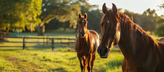 Two brown horses photographed outdoors at a ranch with a lush green background leaving room for a copy space image