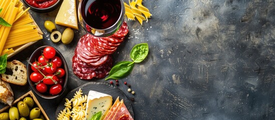 Top down view of traditional Italian ingredients including pasta cheese salami olives and wine on a stone table perfect for copy space image