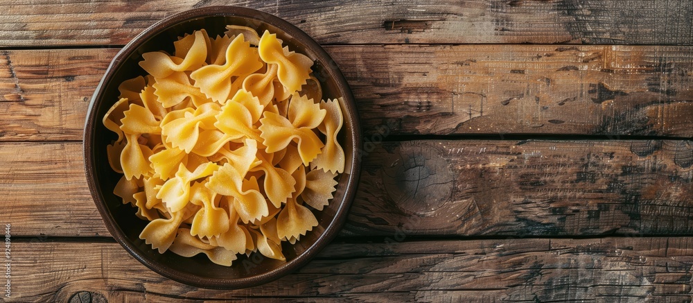 Poster uncooked pasta in a pan on a rustic wooden backdrop showcasing a copy space image