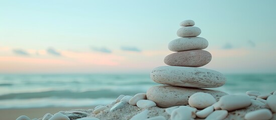 A serene zen pyramid made of white and pink pebbles stands harmoniously on the beach symbolizing life balance and meditation with ample copy space image
